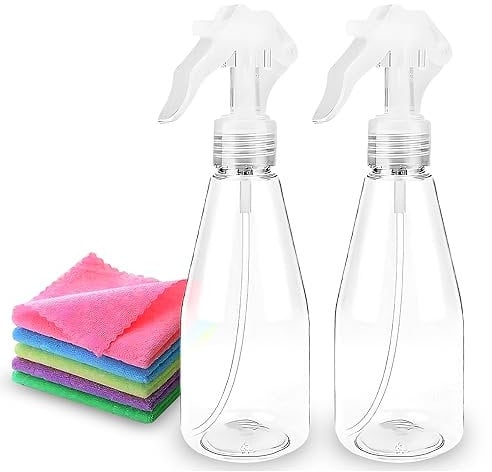 BRONZLO® Spray Bottles Pack of 2 200ml Water Spray Bottles Plant Mist Clear Empty Plastic Sprayers for Gardening, Cleaning, Air Freshening, Essential Oil - WIth 2X Kitchen Cleaning Cloth