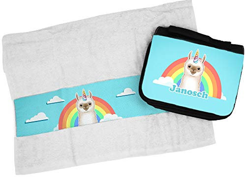 Eurofoto Handtuch + Kulturbeutel Set mit Namen Janosch und Llama-Einhorn-Motiv für Jungen | Handtuch und Kulturbeutel Bedruckt |