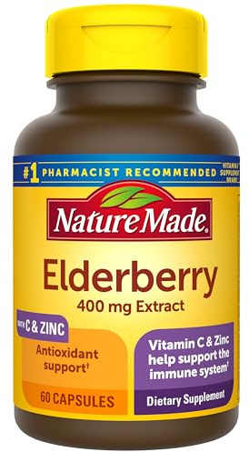 Nature Made Elderberry, Vitamin C and Zinc Capsules, 400 mg Elderberry Extract, Dietary Supplement for Immune Support, 60 Capsules, 60 Day Supply