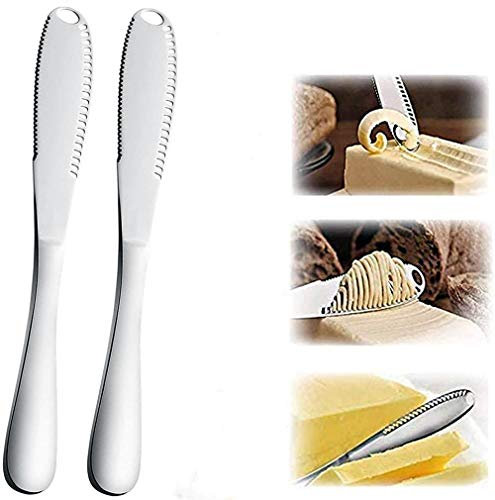 2Pcs Couteau à Beurre 3 en 1, Rouleaux à Beurre et Epandeur en Acier Inoxydable Avec Bord Dentelé, Fentes Pour Couper Légumes, Fruits, Fromage