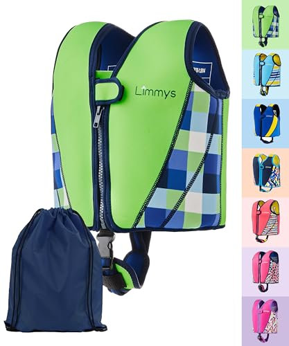 Limmys Chaleco de Natación para Niños Premium – Chaleco Flotador Infantil Moderno para Niños, Niñas y Bebés – Incluye Bolsa de Transporte (Verde neón, M)
