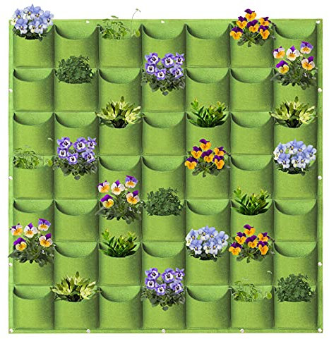 WHATWEARS Pflanztaschen zum Aufhängen, 49 Taschen, Pflanzbeutel, vertikale Wandmontage, Gartenarbeit, vertikale Begrünung, Blumenbehälter, Aufbewahrungstaschen (1 m × 1 m, grün)
