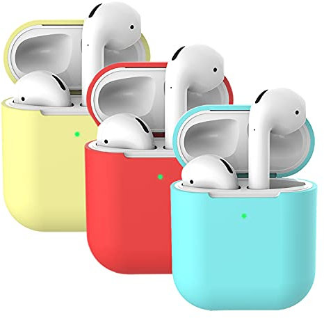 Mocarheri 3X Schutzhülle Hülle Kompatibel mit AirPods 2, Schutzhülle Silikonhülle Stoßfest (LED an der Frontseite Sichtbar) (Gelb+rot+Minzgrün)