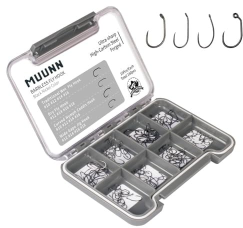 MUUNN Barbless Fly Fishing Hooks for Fly Tying Dry Wet Curved Nymph Caddies Flies Wide Gape Jig Fly Hooks 10# ~16# Assortment with Fly Box | Gear and Equipment | Saltwater or Freshwater Fishing Hooks
