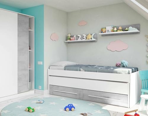Dmora - Kinderbett Fairfield, Bettgestell für Schlafzimmer, Einzelbett mit ausziehbarem Bett, 199 x 96 x 65 cm, Weiß und Zement