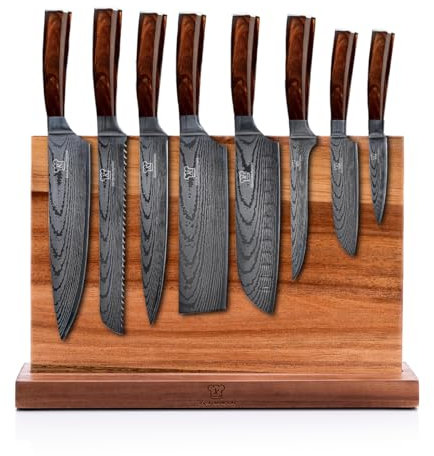 Küchenkompane – Edelstahl Messerset Kasshoku mit magnetischem Messerblock | 8-teiliges Küchenmesser Set | Kochmesser mit ergonomischen Pakkaholzgriff | rostfrei & scharf | Designed in Germany