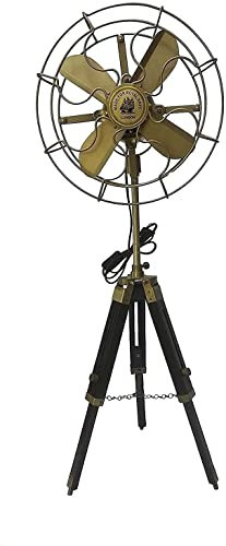 NauticaCollectical Antique Brass Pedestal Fan with Wooden Tripod Floor Stand Antique Brass Pedestal Fan with Wooden Tripod Floor Stand