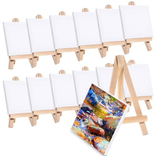 Toddmomy Mini Easel and Canvas Set for Children 12-Pack Wooden Oil Painting Stand with 5X3 Inch Blank Boards for Acrylic Watercolor Art Hobbies