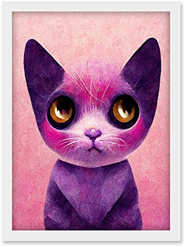 Doppelganger33 LTD Cute Kawaii Cat Portrait Pink And Purple Kids Artwork Framed Wall Art Print A4