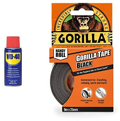 WD-40 Multi-Use Product Original Spray Can 100ml & Gorilla Tape Handy Roll Black 9m