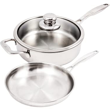 Swiss Diamond Premium Clad 5-lagiges Edelstahl 3-teiliges Kochgeschirr-Set mit satinierter Außenoberfläche, Induktionskompatibles Edelstahl-Töpfe und Pfannen-Set – ofen- und spülmaschinenfest