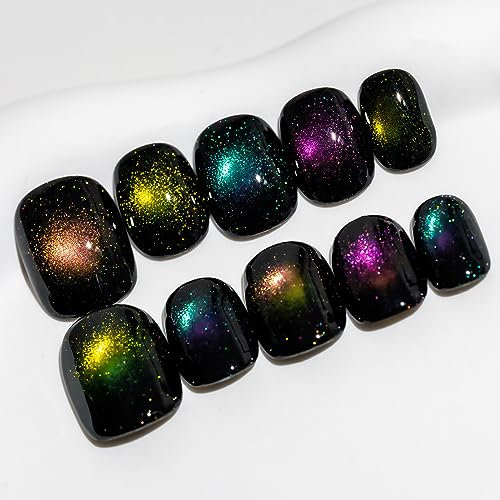 Sun&Beam Nails Handmade Press-On Short Round with Black Colorful Magnetic Design Charm Cat Eye Cute False Nail Tips 10 Pcs (#91 L)