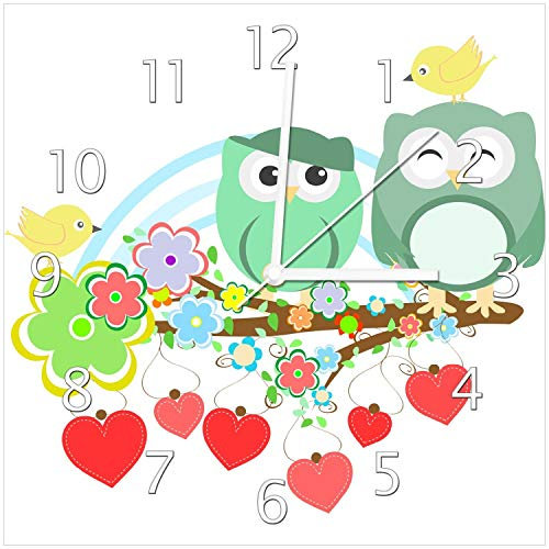 Wallario Design-Wanduhr Bunte Eulen mit kleinen Vögeln auf dem AST aus Glas, Motiv-Uhr Größe 30 x 30 cm, weiße Zeiger