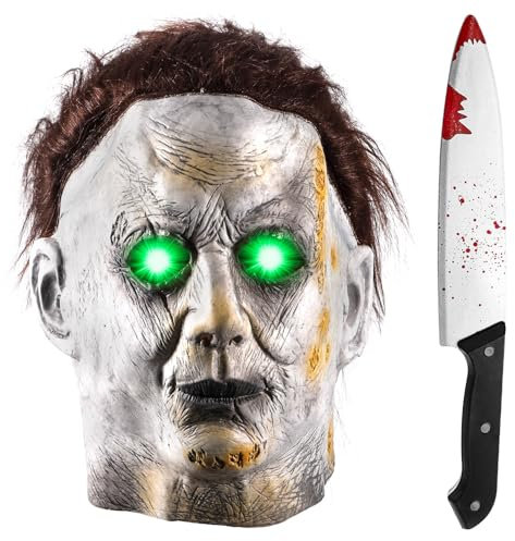 AQXONG Michael Myers Maske, gruselige Latex-Halloween-Maske mit LED-Lichtaugen, für Karnevalsmaske, Cosplay-Kostüm – Unisex, 24.5*20.5*3.5, Blanc Cassé