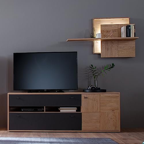 Lomadox Wohnwand Anbauwand Eiche Bianco teilmassiv 2-teilig Modern, 1 TV-Lowboard, 1 Wandboard inkl. LED-Beleuchtung