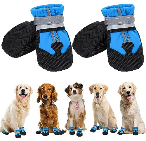 QKURT 4 Stück Hundeschuhe, Hundestiefel Pfotenschutz, wasserdichte Hundeschuhe mit Reflektierenden Riemen, Verstellbare, Waschbare, Pfotenschützer für Kleine, Mittlere und Große Hundee