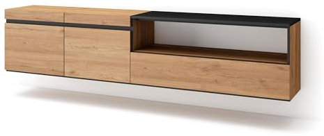 Skraut Home | Meuble TV | Banc Télé | Grand Espace de Rangement | 200x45x35cm | pour Les TV jusqu'à 80 | Suspendu, Mural | Style Moderne | Chêne et Noir