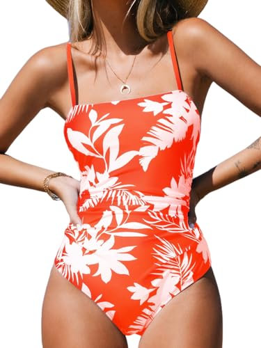 CUPSHE Damen Badeanzug Quadratischer Ausschnitt Bauchweg Raffungen Rückenausschnitt Blumenmuster Einteilige Bademode Swimsuit Orange Floral M