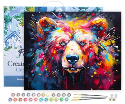 Figured'Art Peinture par Numéro Adulte avec Cadre Ours Coloré Abstrait - Activité Manuelle Kit de Loisir Créatif DIY Numéro d'Art Complet Animaux - 40x50cm toile tendue sur châssis