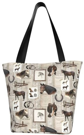 BeNtli Umhängetasche, Canvas Tote Große Tasche Damen Casual Handtasche Wiederverwendbare Einkaufstaschen,Pferdemuster