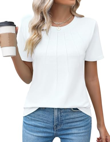 Rapbin Crew Neck Shirts for Women Short Sleeve Cute Pleated Summer Blouses Fashion Ladies Tops,White,XXL