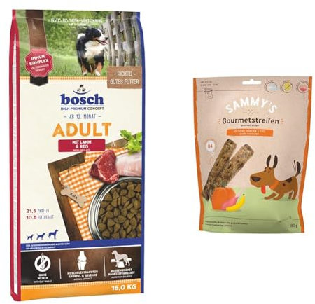 Bundle: bosch HPC Adult mit Lamm & Reis | Hundetrockenfutter für ausgewachsene Hunde aller Rassen | 1 x 15 kg + Sammy´s Gourmetstreifen | Hühnchen & Ente | Fleischiger Snack für Hunde | 6 x 180 g