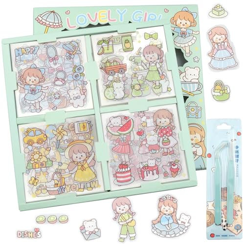 MytaYt 100 Blätter Kawaii Scrapbook Stickers Transparente Wasserdichte Dekorative Cute Sticker PET Scrapbooking Aufkleber Niedliches Cartoon-sticker mädchen mit Pinzette für DIY Scrapbook
