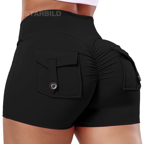 STARBILD Damen Sport Shorts Cargo Scrunch Butt, High Waist Leggings Kurze Push Up, Sommer Workout Hotpants für Gym Fitness Yoga, Cargo - Schwarz M