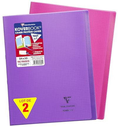 Clairefontaine 981605AMZC Un lot de 2 Cahiers Agrafés Koverbook - 24x32 cm - 96 Pages Petits Carreaux avec Marge 90 g - Couverture Polypro - Couleurs assorties (Violet et Rose)