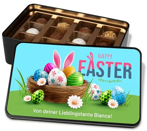Schoko Ostergeschenk: Pralinendose personalisiert „Happy Easter“ – bunte Ostereier – Ostergrüße Geschenk zu Ostern – Metalldose mit 12 Confiserie-Pralinen