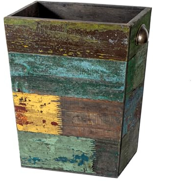 TIMRIS Small Wood Trash Can Wastebasket, Farmhouse Rectangular Garbage Can Waste Basket, Rustic Distressed Boho Wooden Trash Recycling Bin with Metal Handles, Reclaimed Wood Storage Basket (Random)