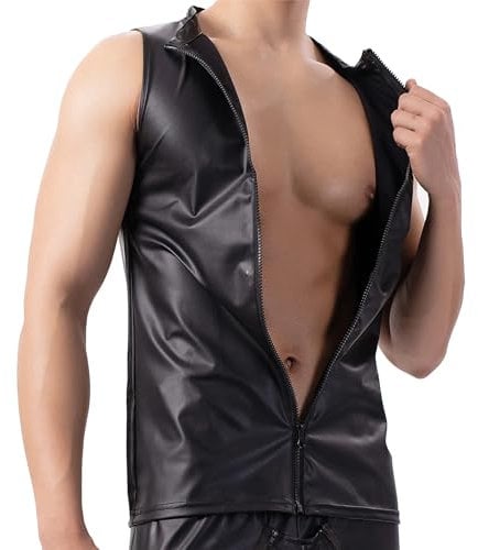 Latex ähnliches Herren Top Oberteil Latex Shirts Herren Tops Herren Latex T-Shirt Männer Sexy Mattes Leder Ärmellose Westen Herren Wetlook Body Leder Shirts Lack Leder Latex Shirts & Tops für Männer