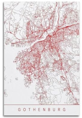 BPQN Rotes Vintage-Poster, minimalistisches Karten-Poster, Europa, Schweden, Göteborg, dekoratives Gemälde, Leinwand, Kunstbild, 30 x 45 cm