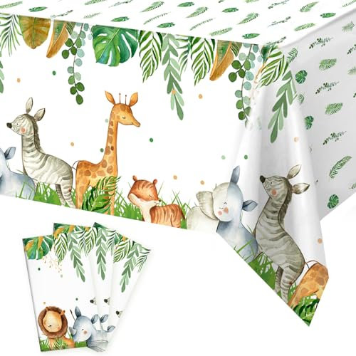 Tischdecken-Set, 3-teilig, Blattmuster, je 220 x 130 cm Safari Tischdecke Kindergeburtstag, Happy Birthday Tischdecke for Safari Geburtstagsdeko Jungen, Dschungel Party, Safari Deko, Wild One Deko