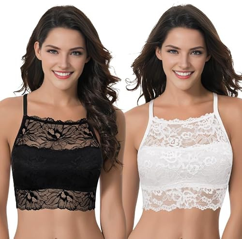 Curve Muse Mujeres Bralette Sin Forro Espalda Cruzada Crop Top Bustié Sujetador de Encaje Floral-Paquete De 2-Black,Cream-XXL