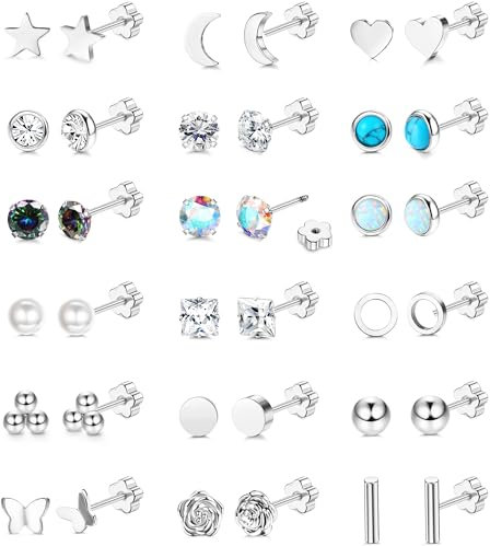 JeweBella 18 Pares Pequeños Pendientes Acero Quirúrgico Mujer Pendientes CZ Opal Turquesa Hipoalergenicos Pendientes Cartilago Oreja Piercing Oreja Tragus Joyería para Mujer Hombre