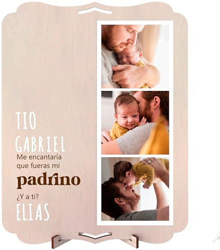 nagu® Marco De Madera Con Frase Quieres Ser Mi Padrino - Fotos Personalizadas Regalo Para Padrinos Bautizo Propuesta - 30 x 22 cm Para Fotos 10x15 cm, Incluye Soporte