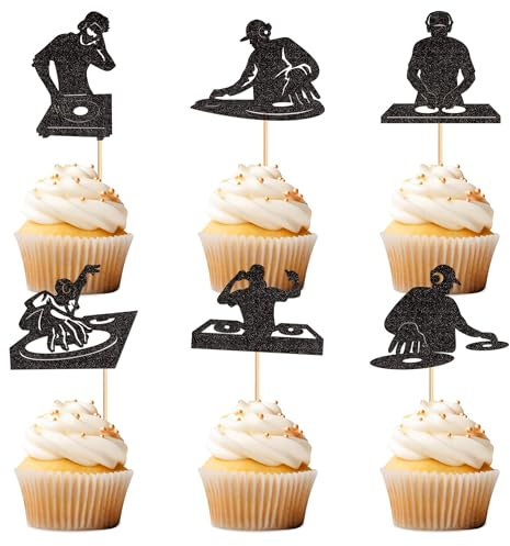 Ercadio 24PCS DJ Cupcake Toppers - Glitter Black Rock & Roll, Hip Hop, Disco, Baby Shower & Party Cake Decorations