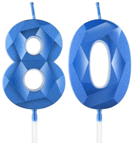Yiran Sapphire Blue 80th Birthday Candles, Number 80 Candle Set, 3D Design Cake Topper Decor for Women Men Birthday Theme Party Weddings Anniversary Celebration