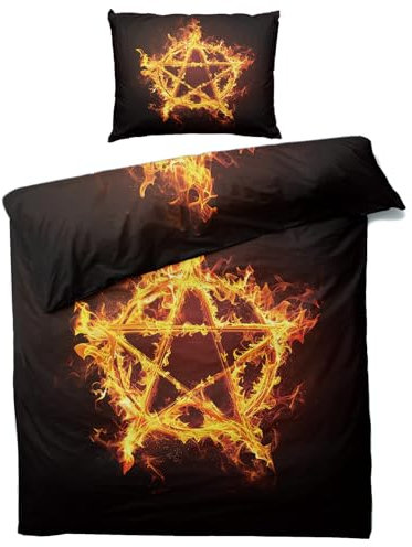MOBEITI Pentagramm Bettwäsche 135x200, Gothic Flammen Wendebettwäsche - Deko & Geschenke, Weiche Mikrofaser Bettbezug Set 2teilig, 1 Kissenbezug 80x80, mit Reißverschluss