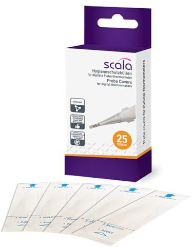 scala 25 Stück Hygieneschutzhüllen für digitale Thermometer ohne Gleitmittel (Einweghygiene) Messspitzenabdeckung für Thermometer zur oral-, rektal-, Achsel-Messung