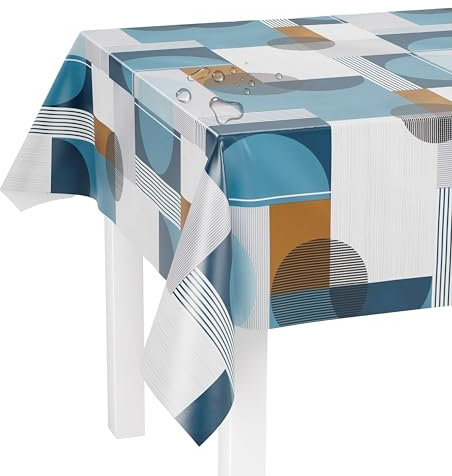 LILENO HOME Tischdecke abwaschbar als Meterware 100x140cm (Schnittkante) in Kreise und Karo blau Motiv - Wachstuchtischdecke wasserabweisend ideal als Tischtuch o. Tischläufer für Bierzeltgarnitur
