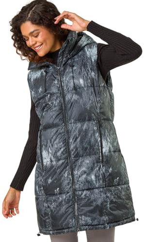 Roman Originals Quilted Gilet with Hood for Women UK Ladies Sleeveless Coat Hooded Jacket Padded Bodywarmer Winter Lightweight Warm Autumn Funnel Neck Longline Soft Bubbly - Glossy Black - Size 10