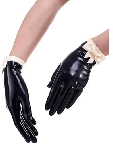 GAYLOP Schwarze und weiße sexy Kurze Latexhandschuhe mit kleinen Schleifen Oben, französische Dienstmädchen-Gummihandschuhe