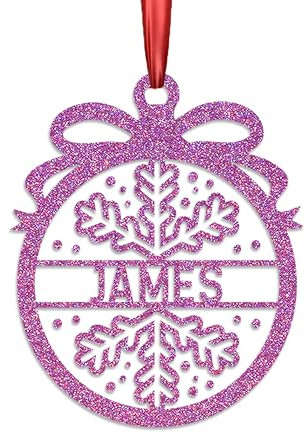 KreateSquare Personalised Christmas Bauble, 950 GSM (1.7 mm) Double-Sided Glitter Xmas Tree Decoration, Custom Name Baubles, Red, White & Green Christmas Ornaments (Purple, Snowflakes)