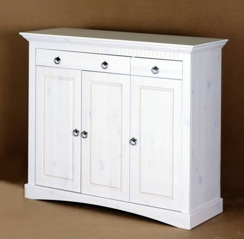 clever-moebel 3trg. Kommode im Landhausstil aus Kiefernholz gelaugt, Schrank, Sideboard (weiß)