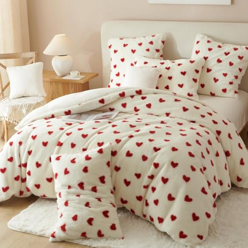 Tospass Plüsch Bettwäsche 135x200cm 4Teilig Rot Weiß Herz Liebe Kunstfell Warme Winterbettwäsche Flanell Samt Biber Flauschig Deckenbezug 2 Bettbezug mit Reißverschluss und 1 Kissenbezug 80x80cm