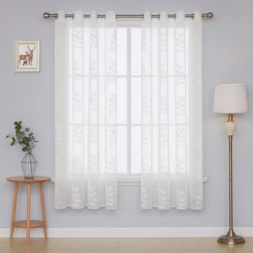Deconovo Gardinen Ösenvorhang Transparent Voile Vorhang mit Blatt Muster, 260x140 cm, Weiß, 2er Set