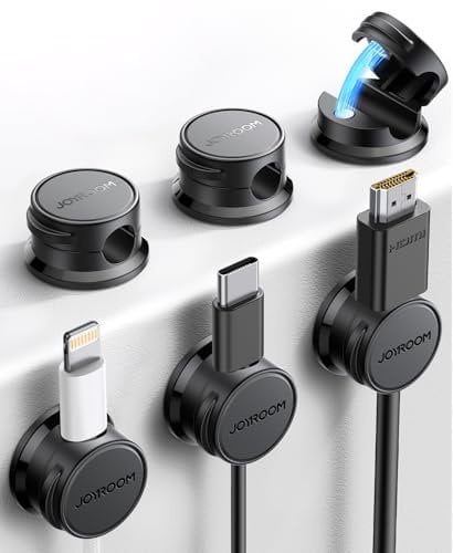 JOYROOM 6 Pack Cable Tidy Clips Cord Organiser Magnetic Cable Management Self Adhesive Wire Holder for Desk, Nightstand, Charging Cables, HDMI, USB, Audio Cable, Office, Home, Black