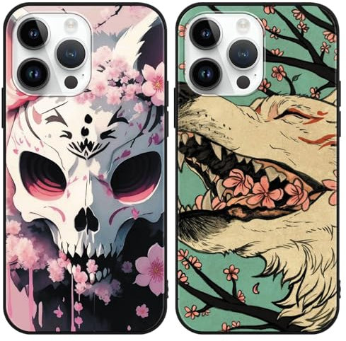 2 Confezioni Custodia per Apple iPhone 14 Pro 6.1 Pollici, Anime Giappone Art Estetica Teschio e Lupo Motivo Manga Antiurto Protezione Case Flessibile TPU Silicone Cover Bumper, 02